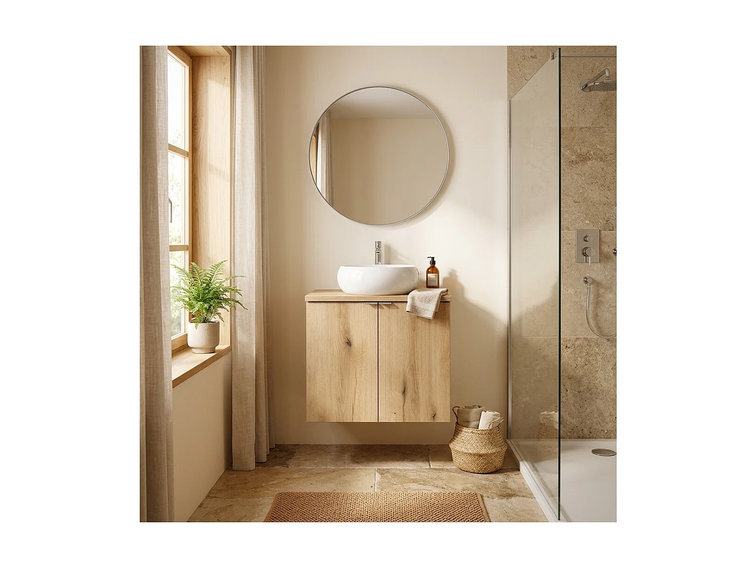 Ensemble de salle de bain suspendu VANO aspect chêne 60cm : meuble sous vasque à placards + plan pour vasque
