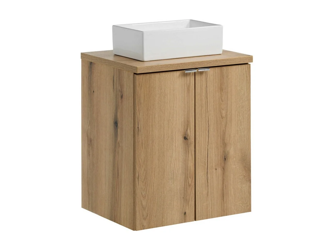 Ensemble VANO aspect chêne 50cm : meubles sous vasque à placards + plan pour vasque + vasques à poser rectangulaire