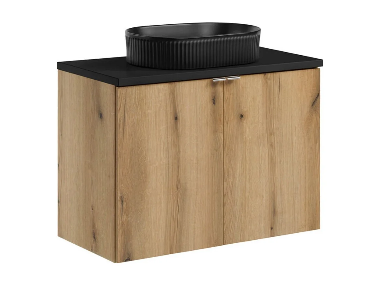 Ensemble VANO aspect chêne et noir 80cm : meubles sous vasque à placards + plan pour vasque + vasque à poser rainurée noire
