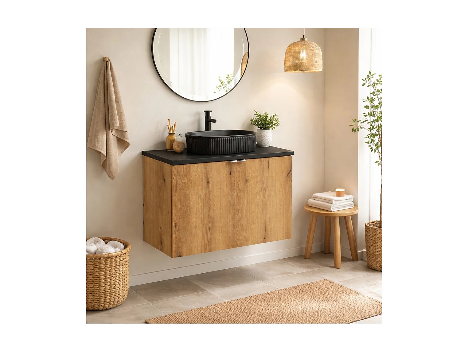 Ensemble VANO aspect chêne et noir 80cm : meubles sous vasque à placards + plan pour vasque + vasque à poser rainurée noire