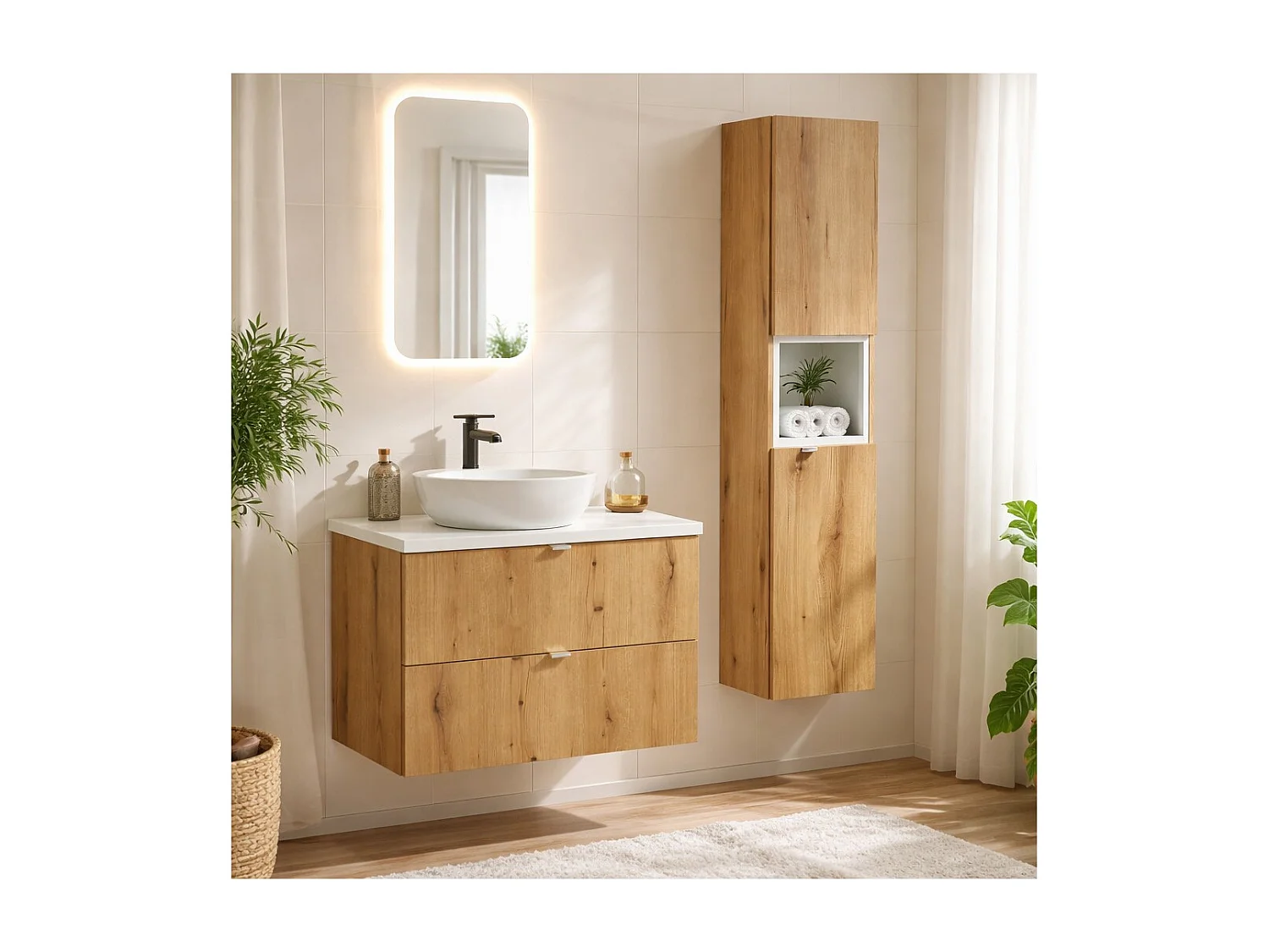 Ensemble de salle de bain VANO aspect chêne et blanc 110cm : meubles sous vasque à tiroirs + plan pour vasque + colonne