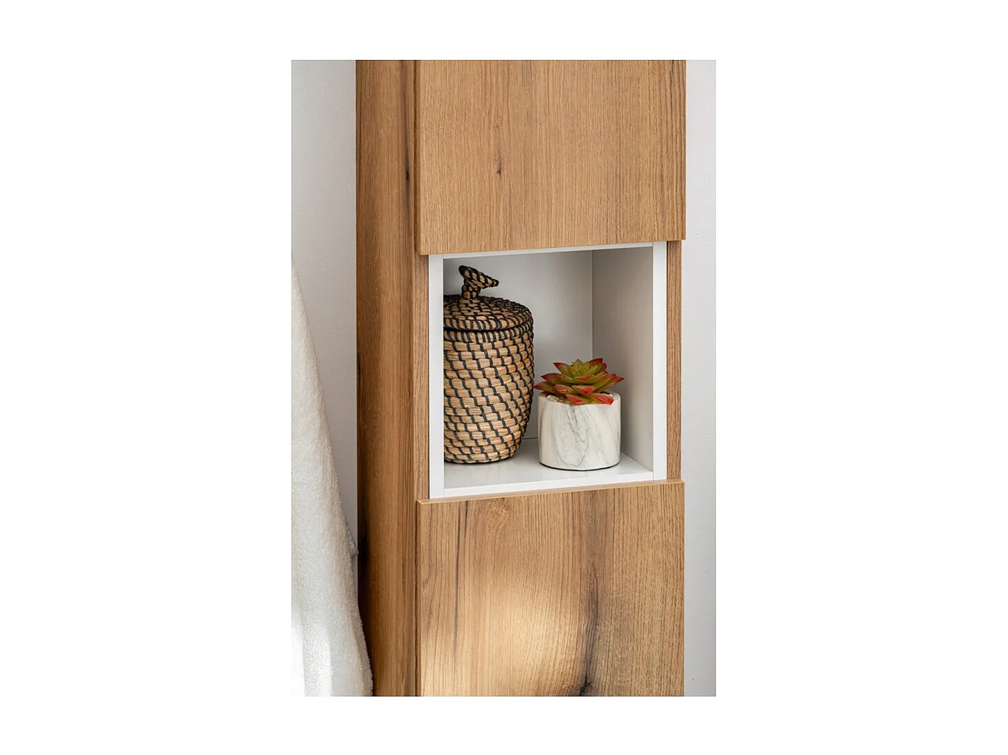 Ensemble de salle de bain VANO aspect chêne et blanc 110cm : meubles sous vasque à tiroirs + plan pour vasque + colonne