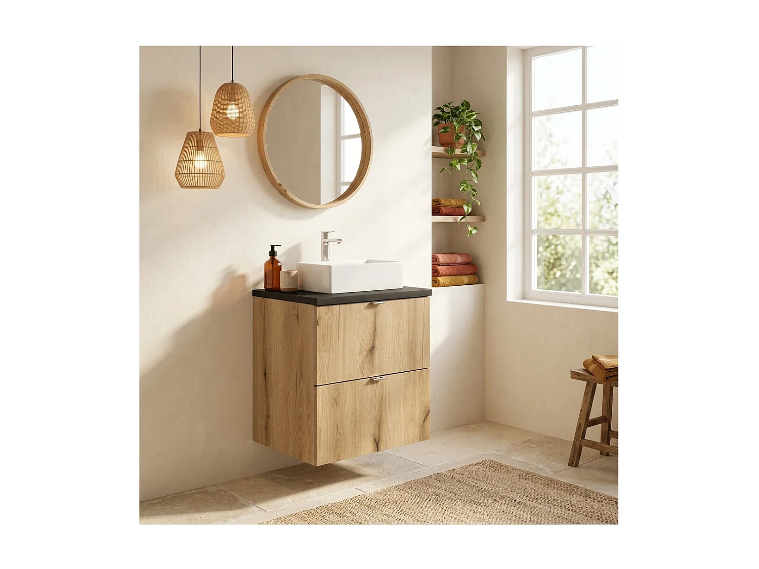 Ensemble de salle de bain suspendu VANO aspect chêne et noir 50cm : meubles sous vasque à tiroirs + plan pour vasque