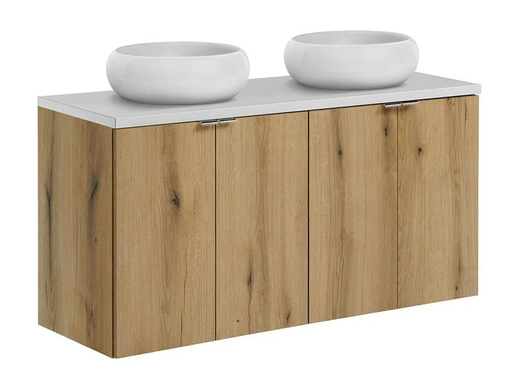 Ensemble VANO aspect chêne et blanc 120cm : meubles sous vasque à placards + plan pour vasque + vasques à poser ronde blanche