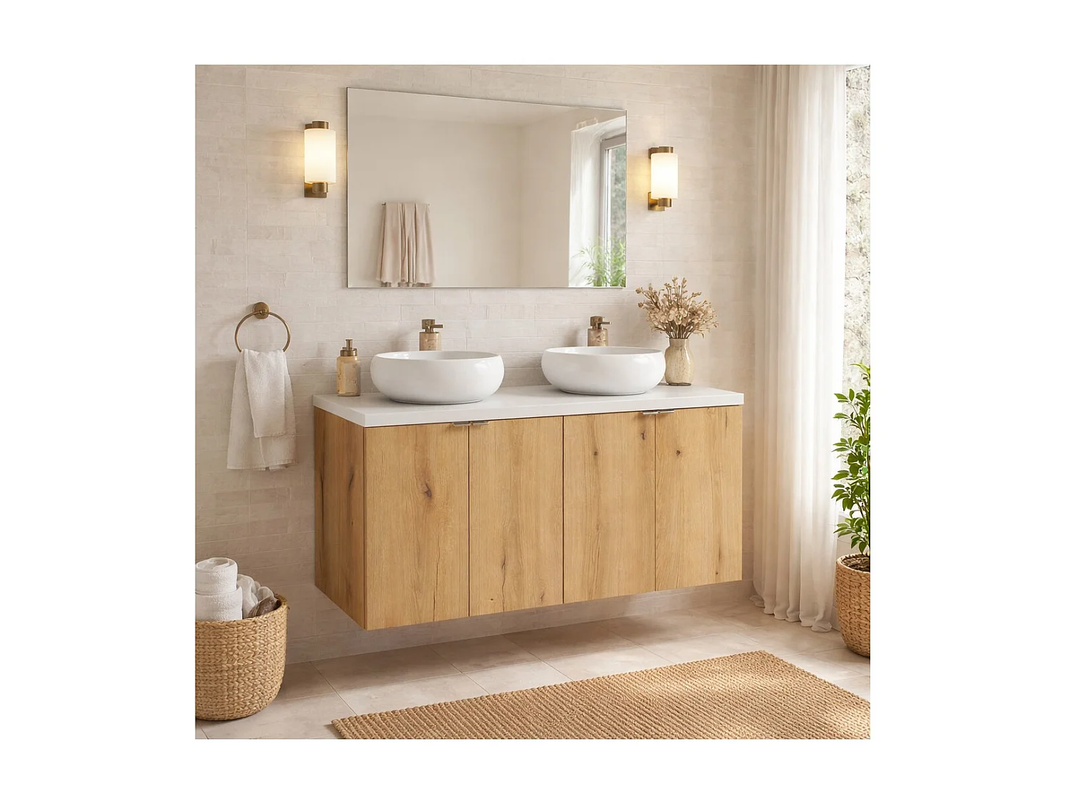 Ensemble VANO aspect chêne et blanc 120cm : meubles sous vasque à placards + plan pour vasque + vasques à poser ronde blanche