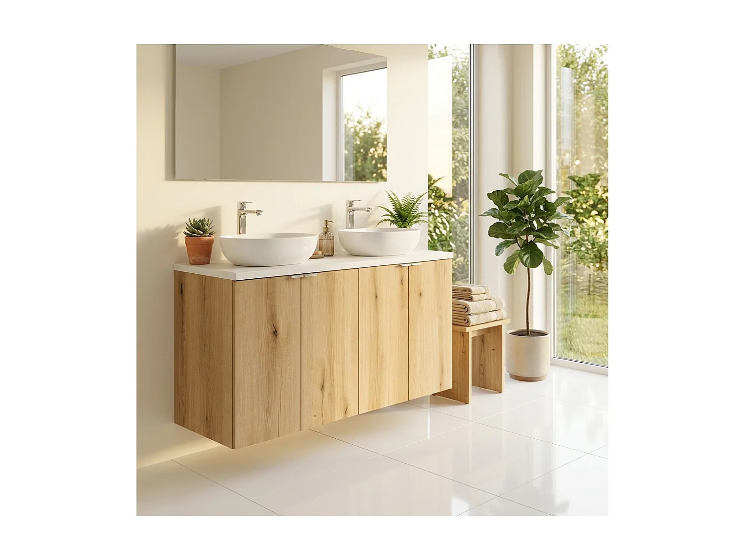 Ensemble de salle de bain suspendu VANO aspect chêne et blanc 100cm : meubles sous vasque à placards + plan pour vasque