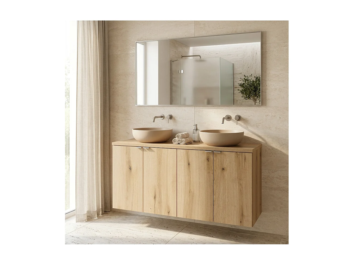 Ensemble de salle de bain suspendu VANO aspect chêne 100cm : meubles sous vasque à placards + plan pour vasque