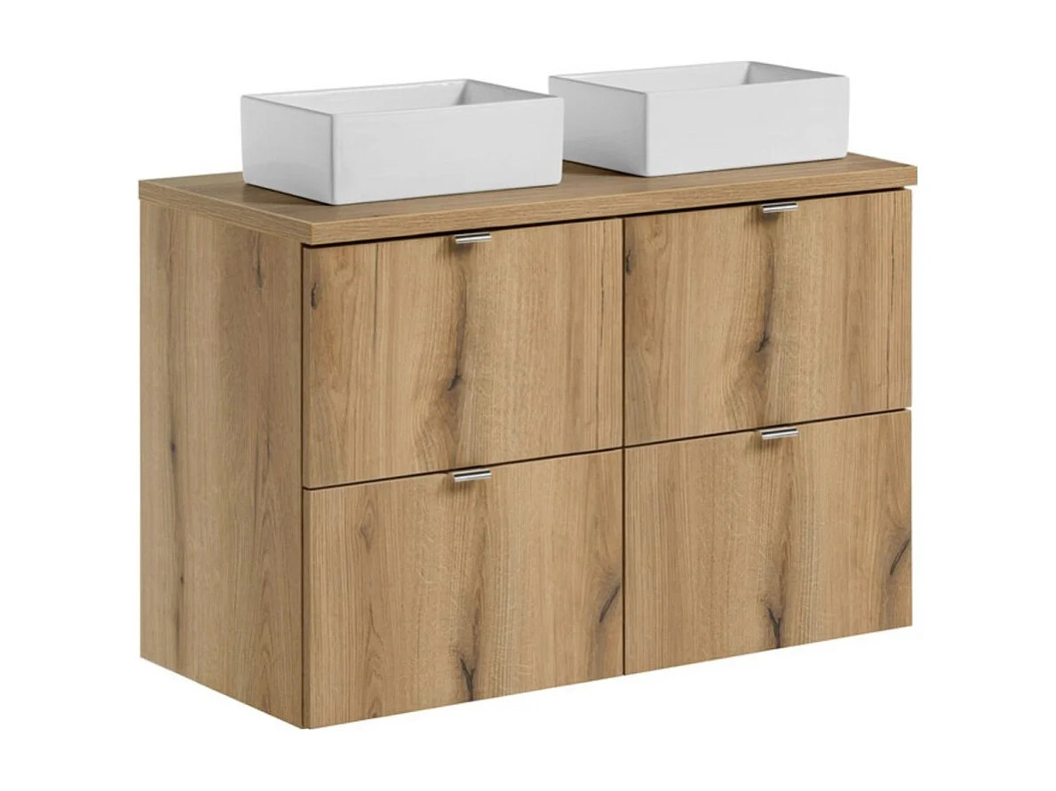 Ensemble suspendu VANO aspect chêne 100cm : meubles sous vasque à tiroirs + plan pour vasque + vasques à poser rectangulaires