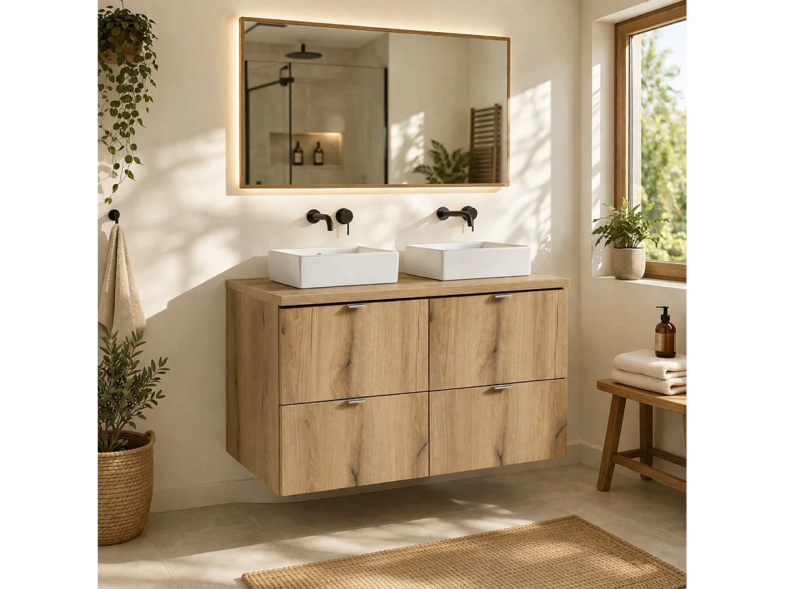 Ensemble suspendu VANO aspect chêne 100cm : meubles sous vasque à tiroirs + plan pour vasque + vasques à poser rectangulaires
