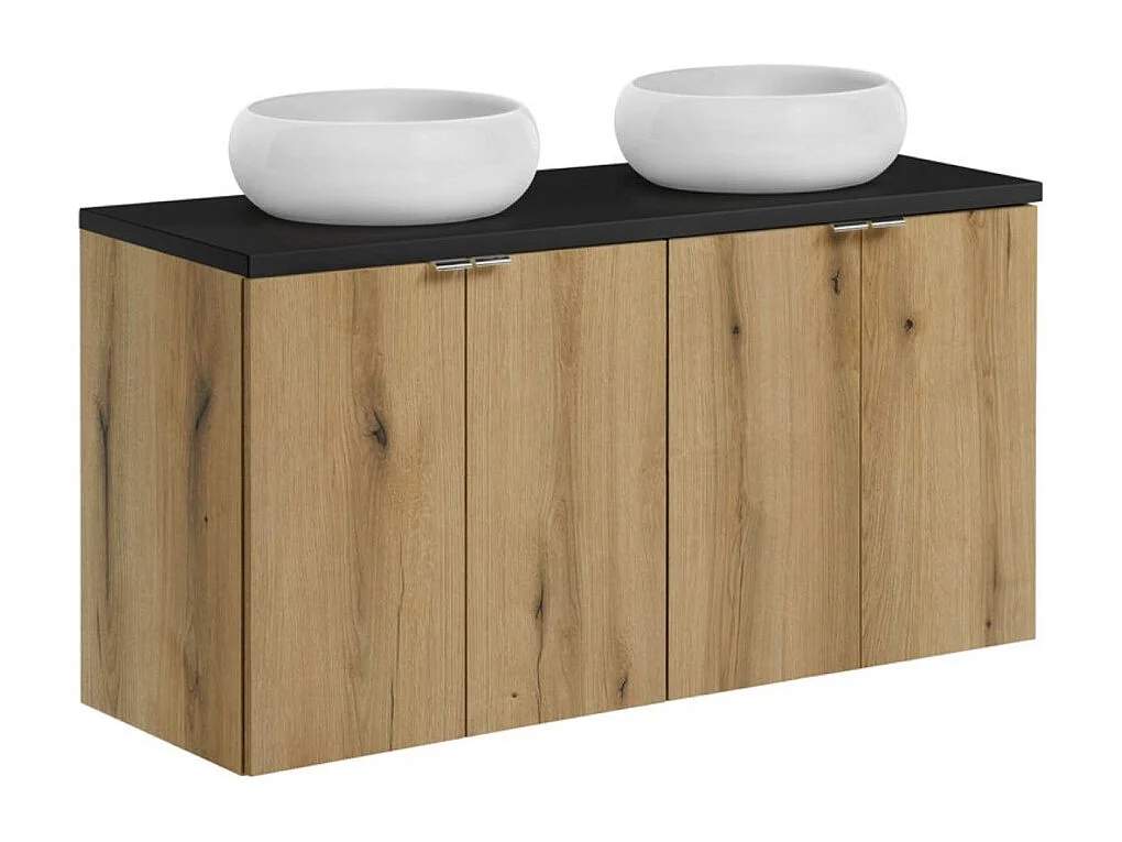 Ensemble VANO aspect chêne et noir 120cm : meubles sous vasque à placards + plan pour vasque + vasques à poser ronde blanche