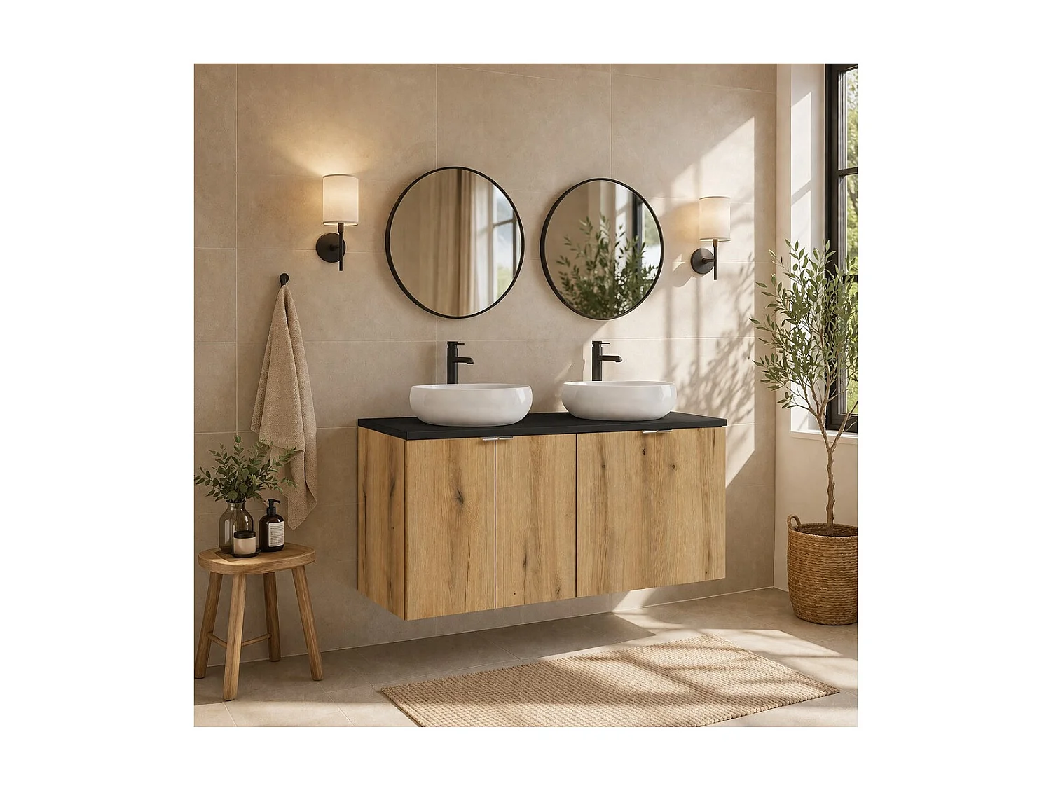 Ensemble VANO aspect chêne et noir 120cm : meubles sous vasque à placards + plan pour vasque + vasques à poser ronde blanche