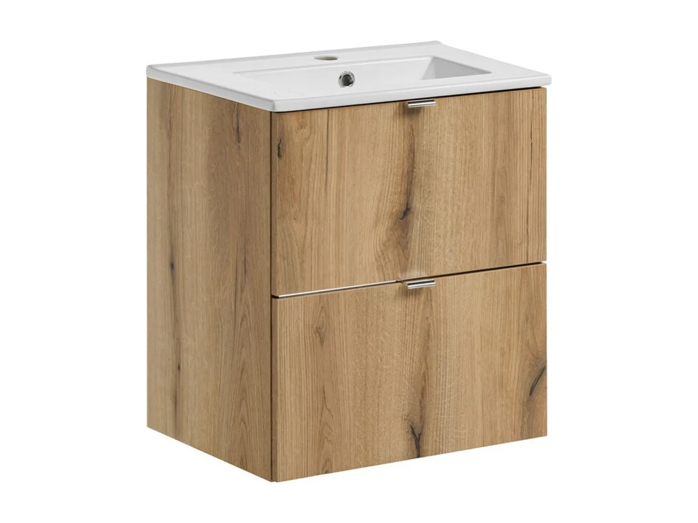 Ensemble de salle de bain suspendu VANO aspect chêne et blanc 50cm : meubles sous vasque à tiroirs + vasque encastrée