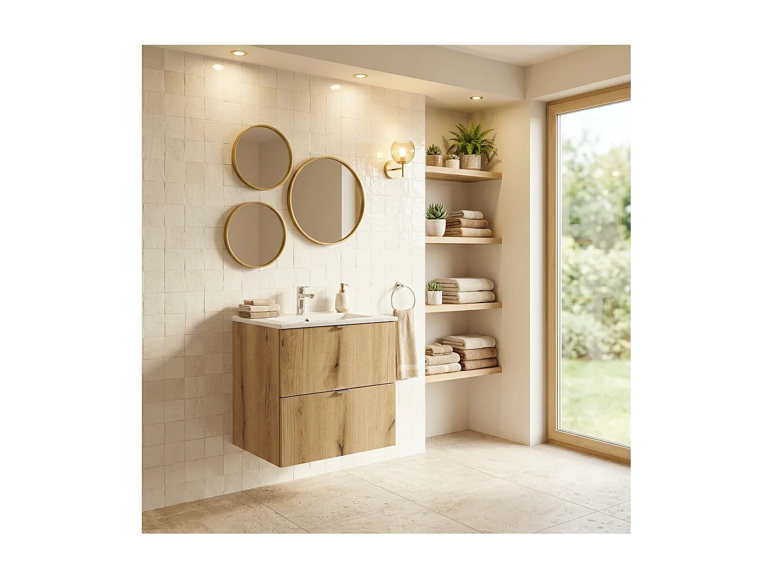 Ensemble de salle de bain suspendu VANO aspect chêne et blanc 50cm : meubles sous vasque à tiroirs + vasque encastrée