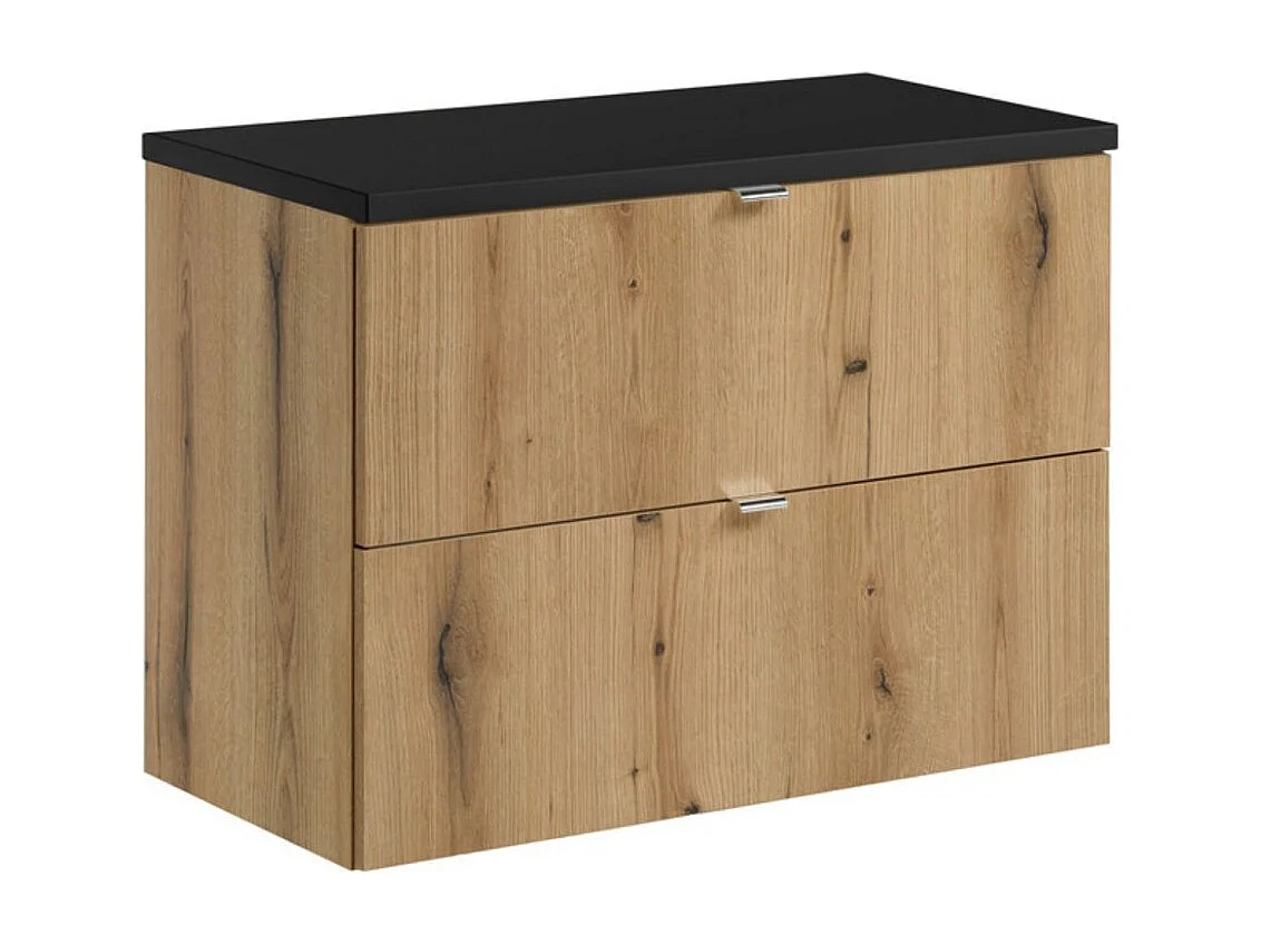 Ensemble de salle de bain suspendu VANO aspect chêne et noir 80cm : meubles sous vasque à tiroirs + plan pour vasque