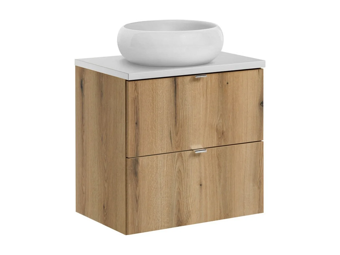 Ensemble VANO aspect chêne et blanc 60cm : meuble sous vasque à tiroirs + plan pour vasque + vasque à poser ronde blanche