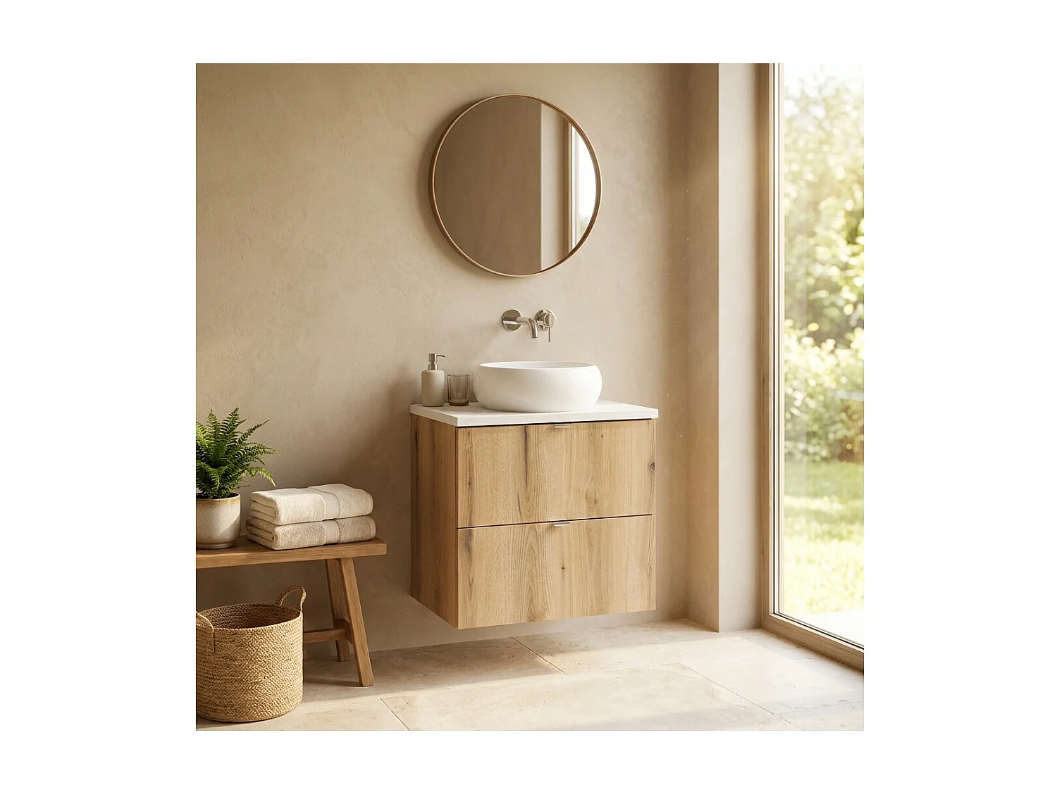 Ensemble VANO aspect chêne et blanc 60cm : meuble sous vasque à tiroirs + plan pour vasque + vasque à poser ronde blanche