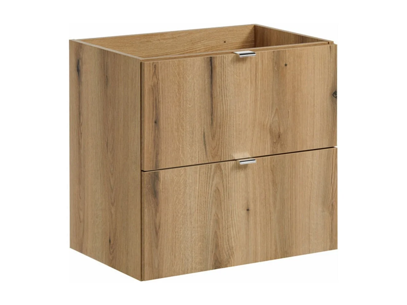 Ensemble VANO aspect chêne et blanc 60cm : meuble sous vasque à tiroirs + plan pour vasque + vasque à poser ronde blanche