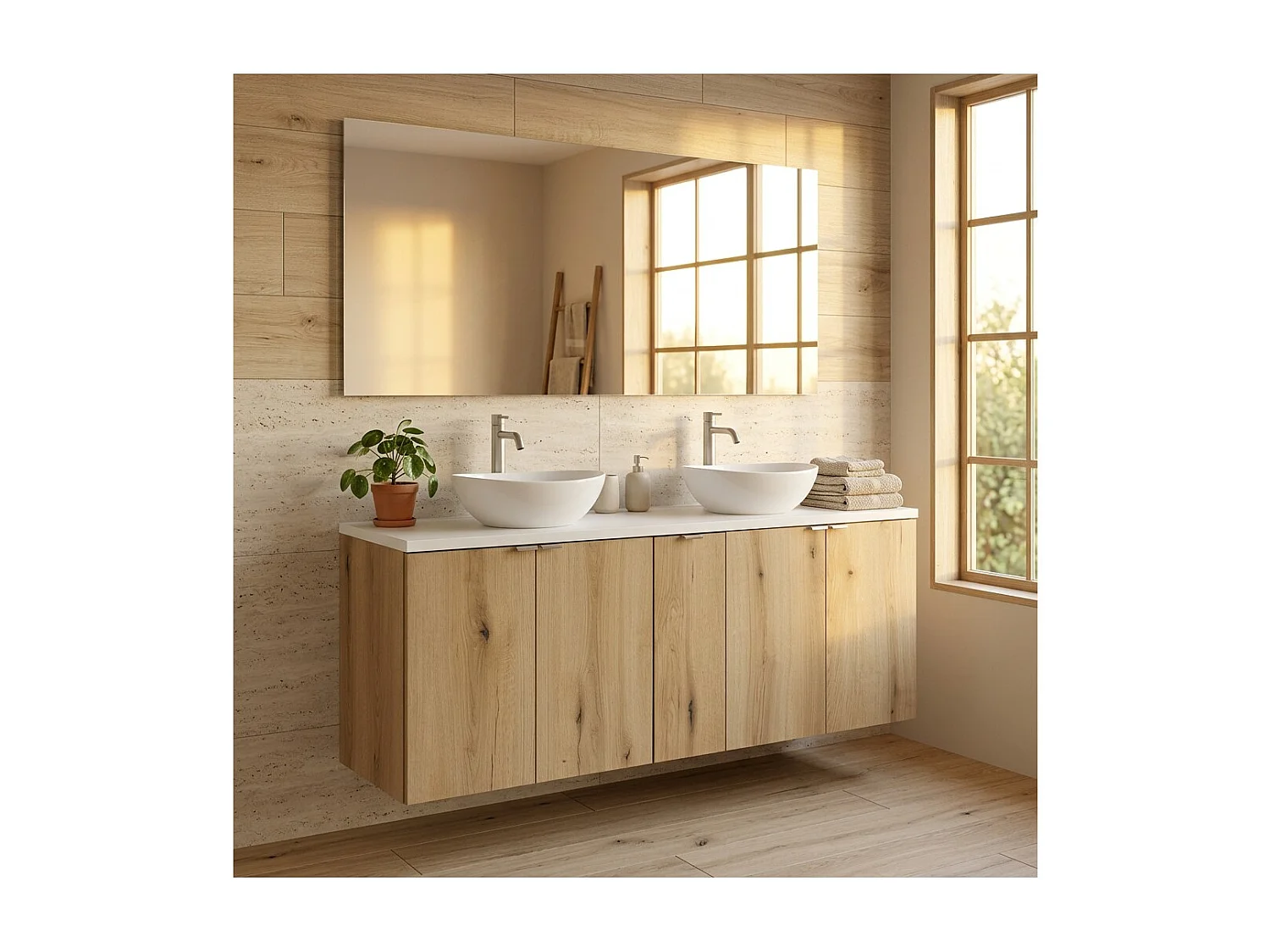 Ensemble de salle de bain suspendu VANO aspect chêne et blanc 140cm : meubles sous vasque à placards + plan pour vasque