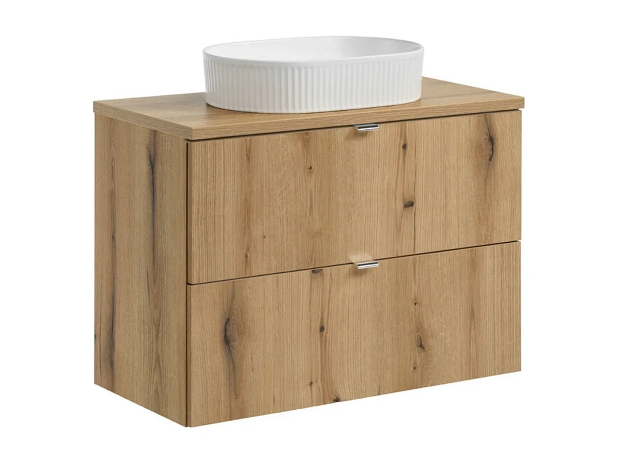 Ensemble VANO aspect chêne 80cm : meubles sous vasque à tiroirs + plan pour vasque + vasque à poser rainurée blanche