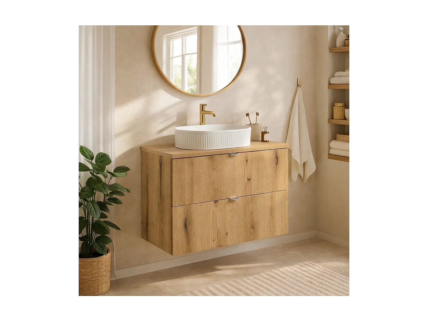 Ensemble VANO aspect chêne 80cm : meubles sous vasque à tiroirs + plan pour vasque + vasque à poser rainurée blanche