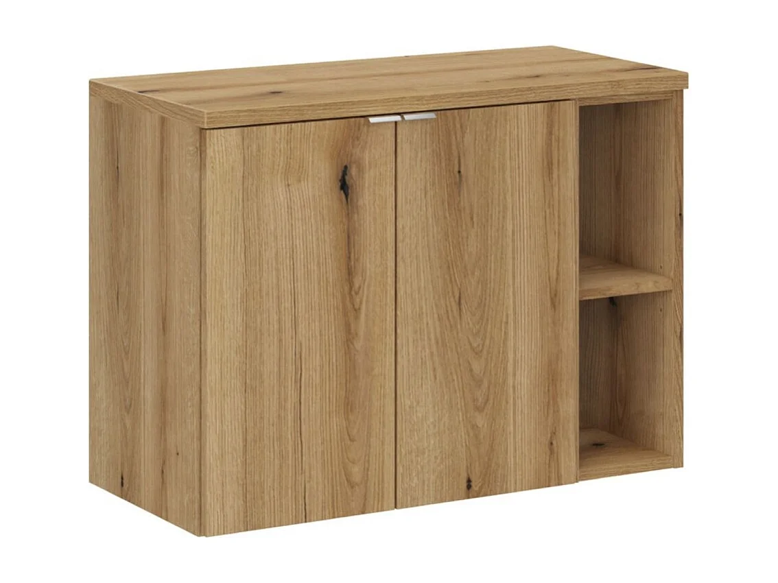 Ensemble de salle de bain suspendu VANO aspect chêne 80cm : meuble sous vasque à placards + niches visibles + plan pour vasque