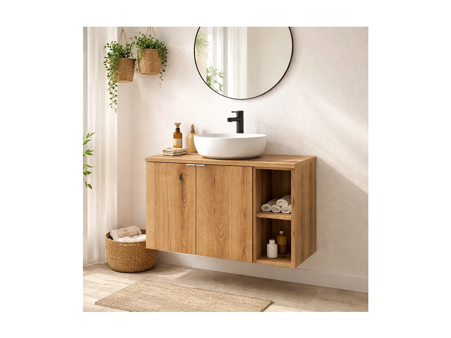 Ensemble de salle de bain suspendu VANO aspect chêne 80cm : meuble sous vasque à placards + niches visibles + plan pour vasque