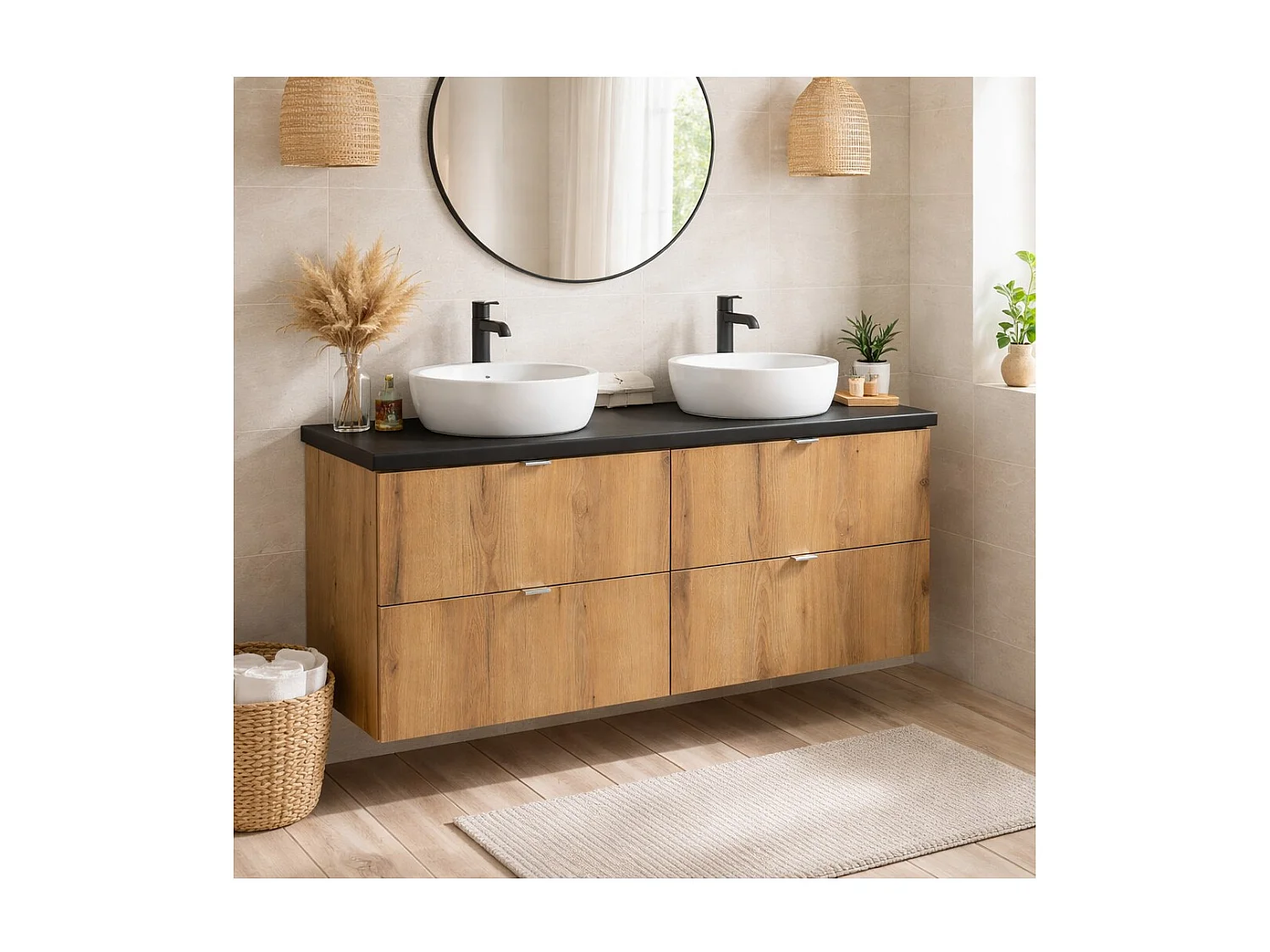 Ensemble de salle de bain suspendu VANO aspect chêne et noir 120cm : meubles sous vasque à tiroirs + plan pour vasque