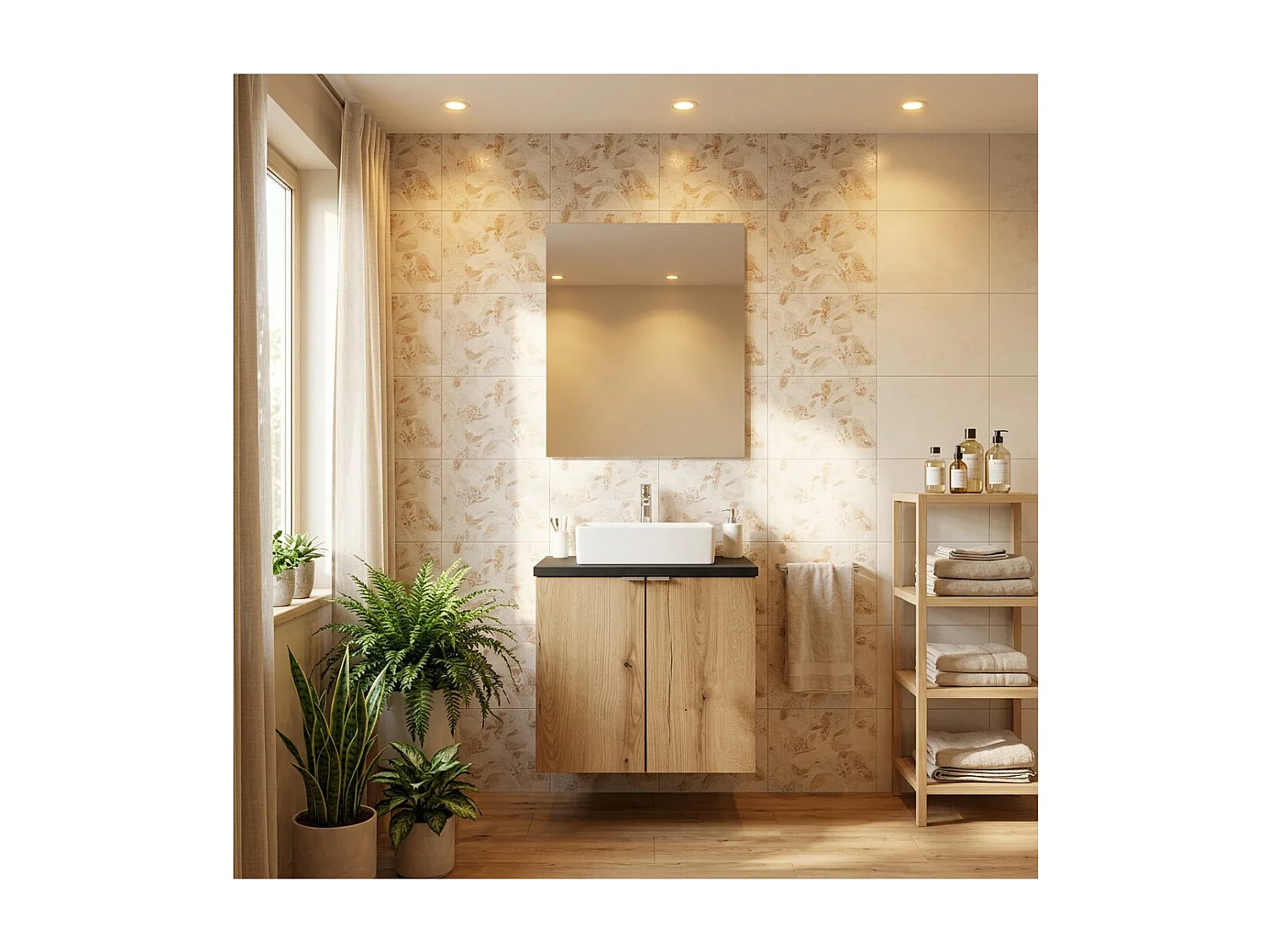 Ensemble de salle de bain suspendu VANO aspect chêne et noir 50cm : meubles sous vasque à placards + plan pour vasque