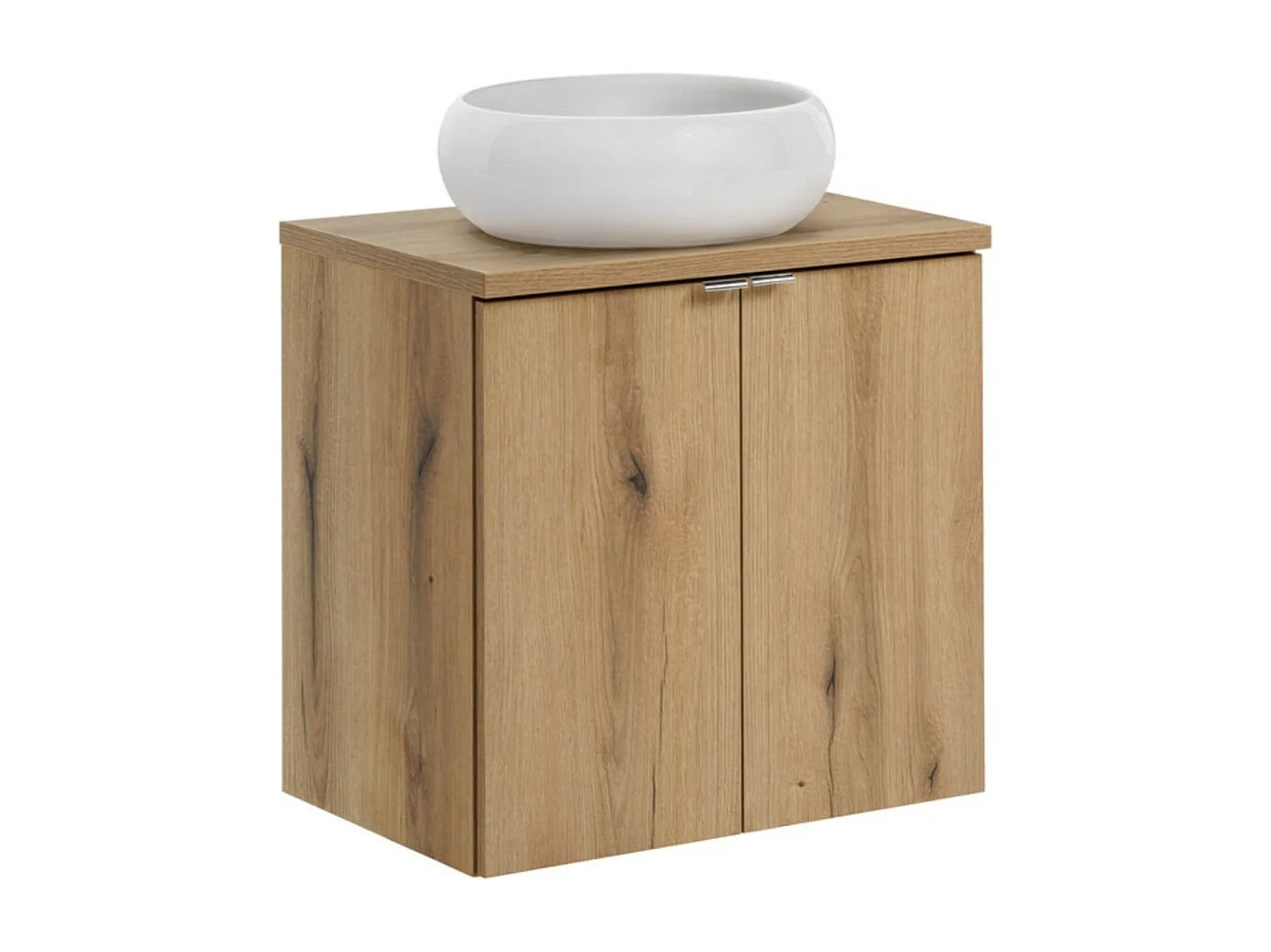 Ensemble de salle de bain VANO aspect chêne 60cm : meuble sous vasque à placards + plan pour vasque + vasque à poser ronde