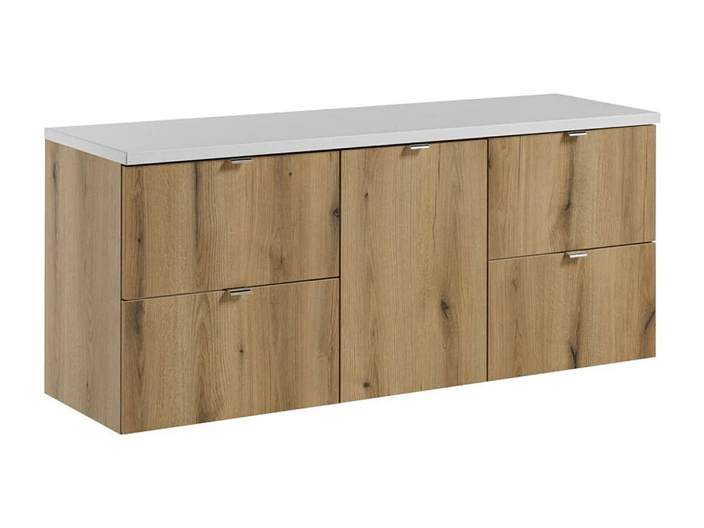 Ensemble de salle de bain VANO aspect chêne et blanc 140cm : meubles sous vasque à tiroirs et panier à linge + plan pour vasque