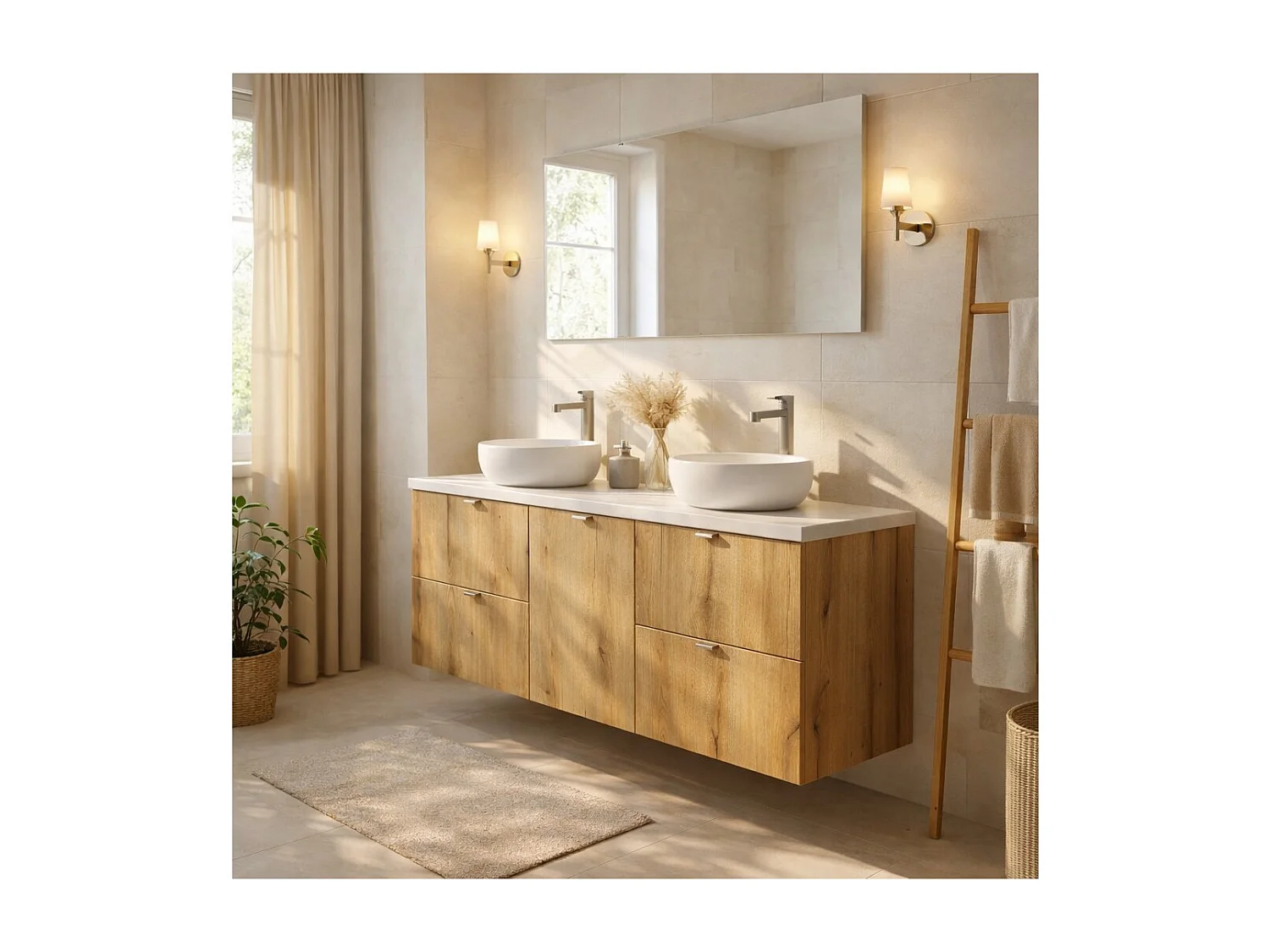 Ensemble de salle de bain VANO aspect chêne et blanc 140cm : meubles sous vasque à tiroirs et panier à linge + plan pour vasque