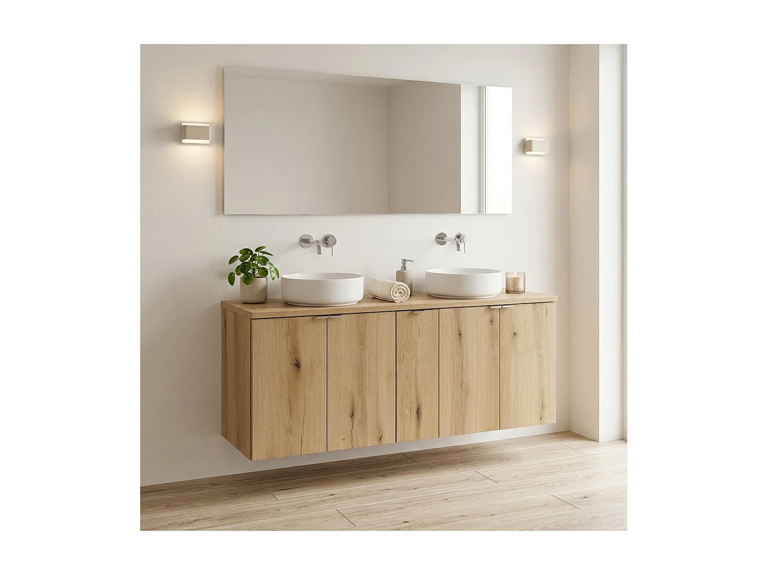 Ensemble de salle de bain suspendu VANO aspect chêne 140cm : meubles sous vasque à placards + plan pour vasque
