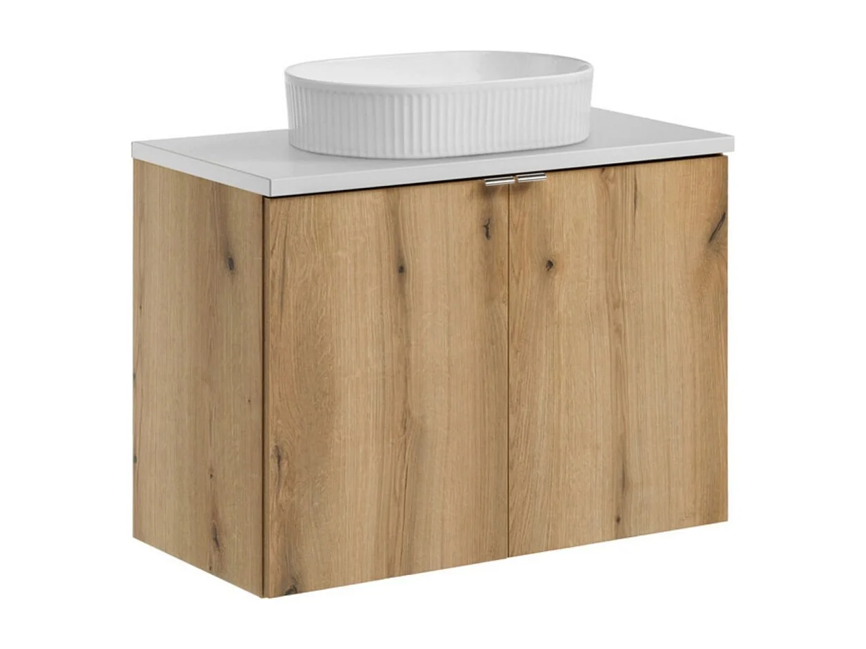 Ensemble VANO aspect chêne et blanc 80cm : meubles sous vasque à placards + plan pour vasque + vasque à poser rainurée blanche