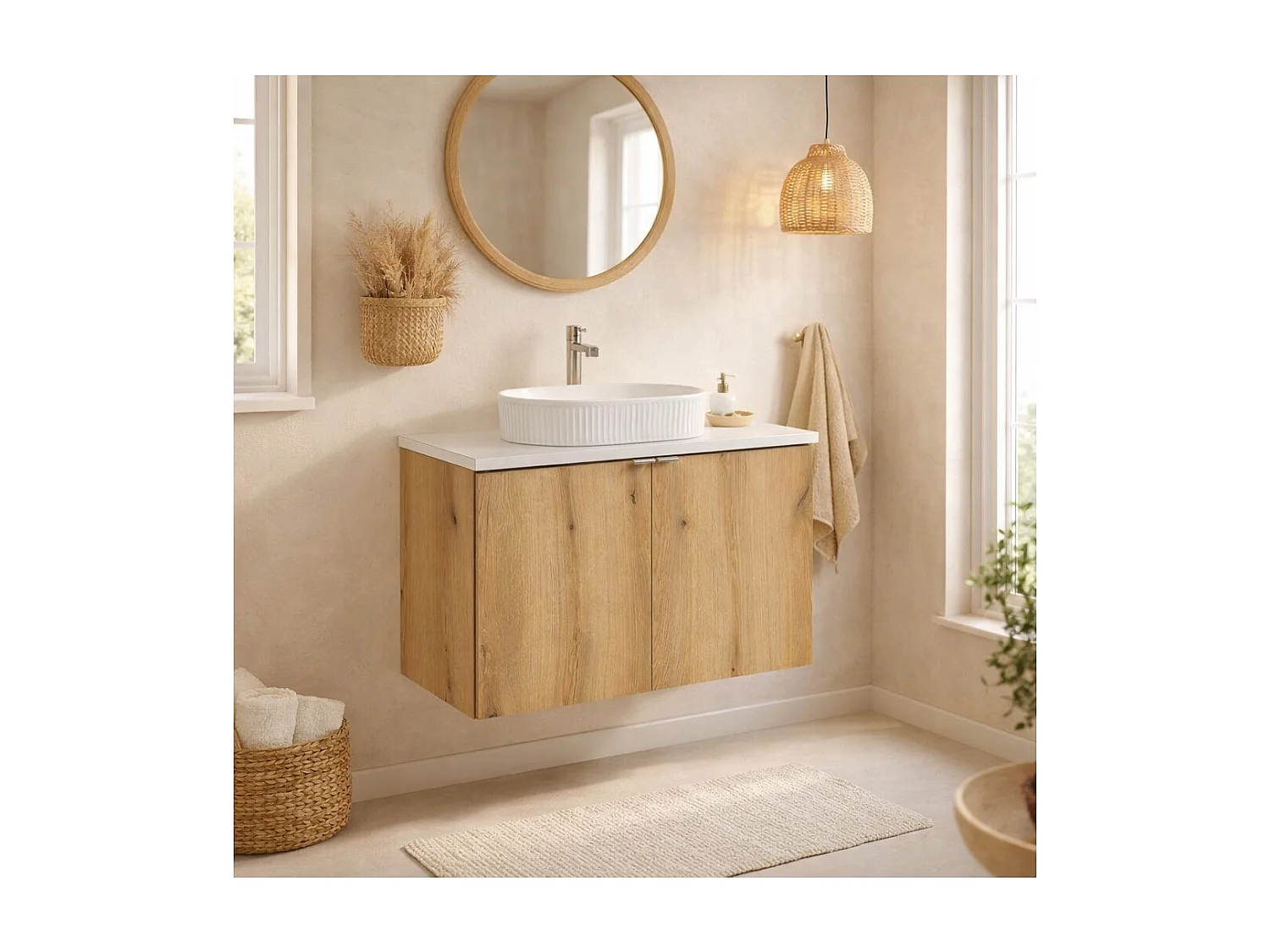 Ensemble VANO aspect chêne et blanc 80cm : meubles sous vasque à placards + plan pour vasque + vasque à poser rainurée blanche