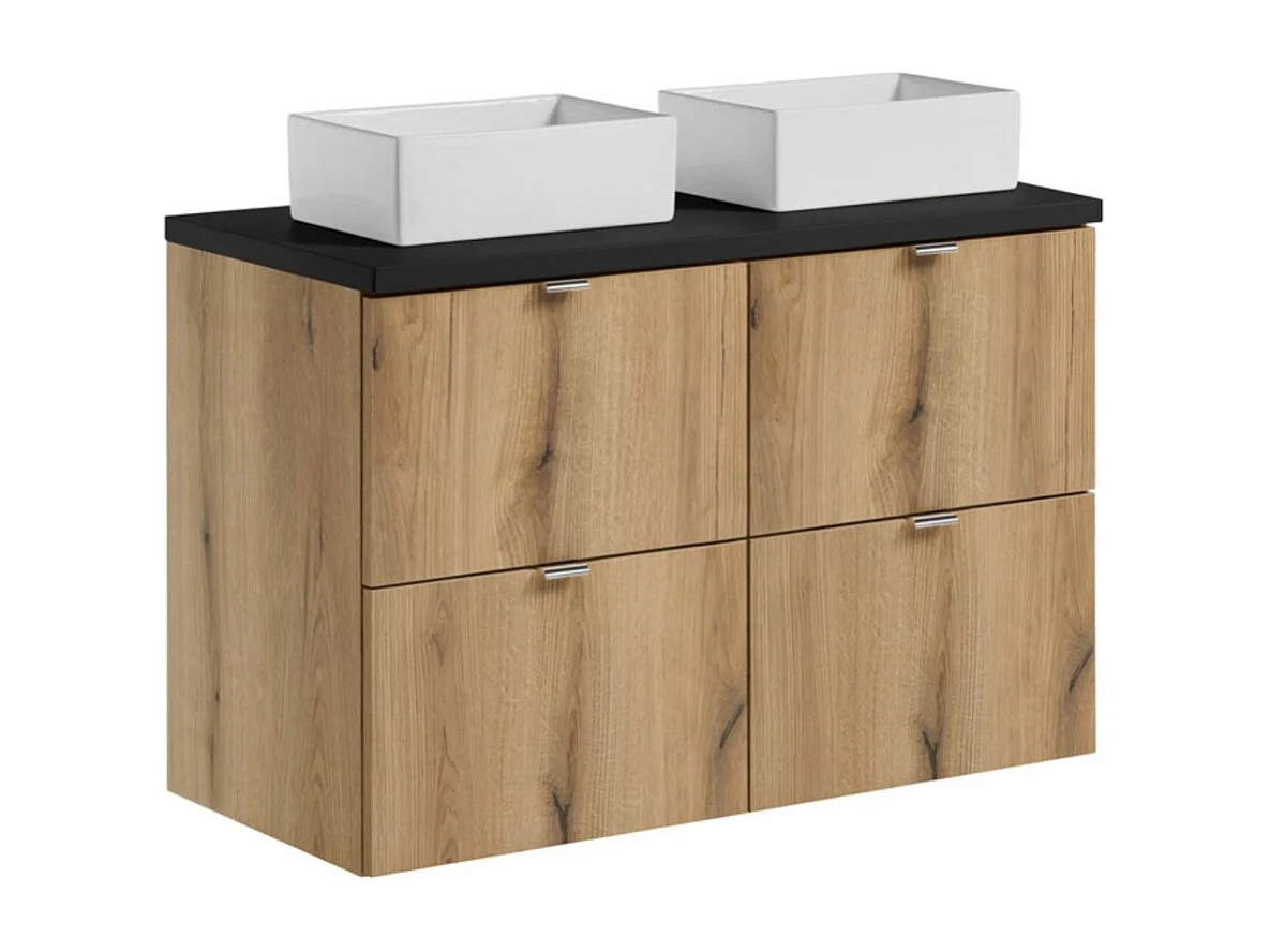 Ensemble VANO aspect chêne et noir 100cm : meubles sous vasque à tiroirs + plan pour vasque + vasques à poser rectangulaires