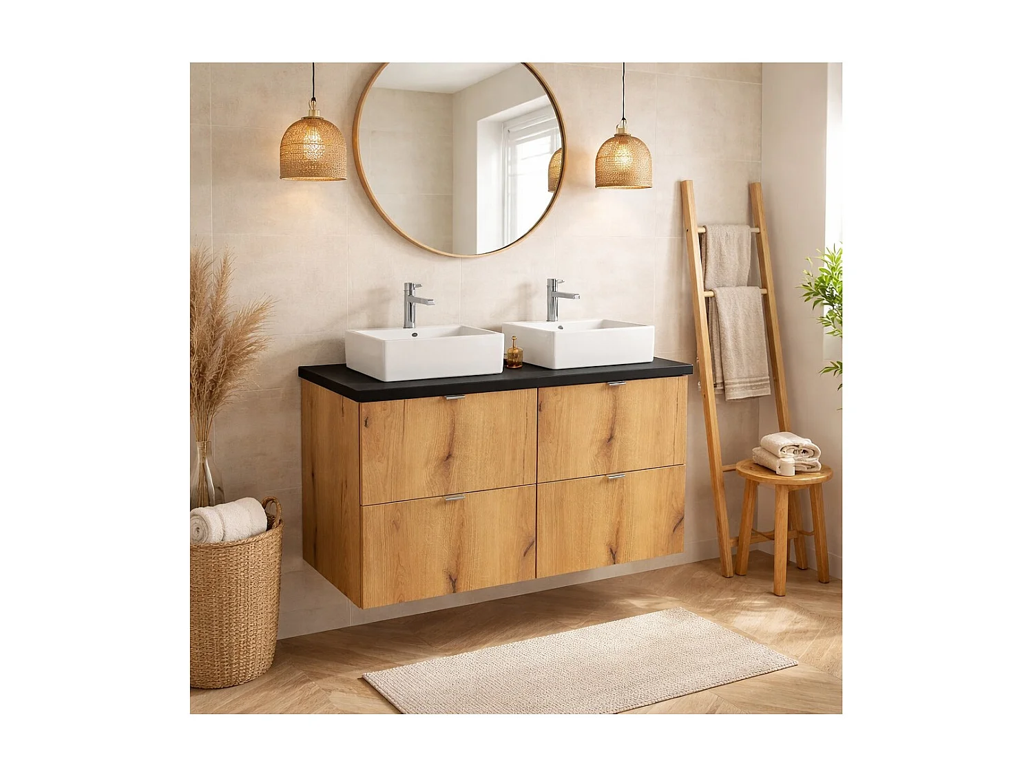 Ensemble VANO aspect chêne et noir 100cm : meubles sous vasque à tiroirs + plan pour vasque + vasques à poser rectangulaires