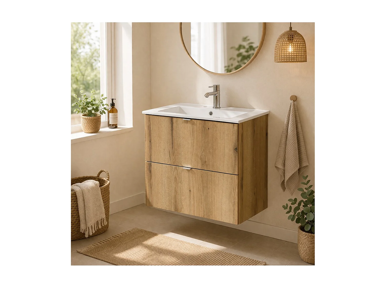 Ensemble de salle de bain suspendu VANO aspect chêne 60cm : meuble sous vasque à tiroirs + vasque encastrée