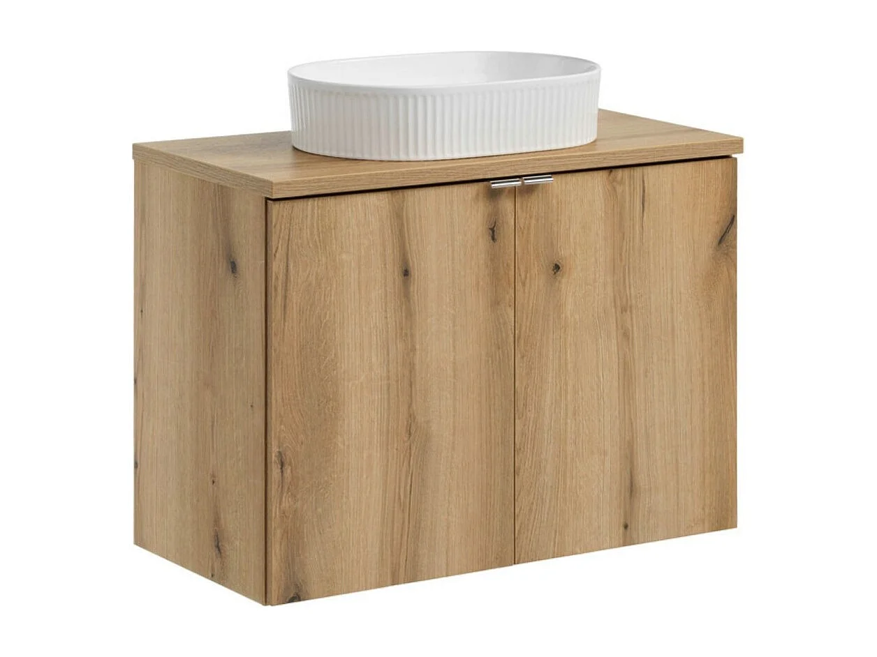 Ensemble VANO aspect chêne 80cm : meubles sous vasque à placards + plan pour vasque + vasque à poser rainurée blanche