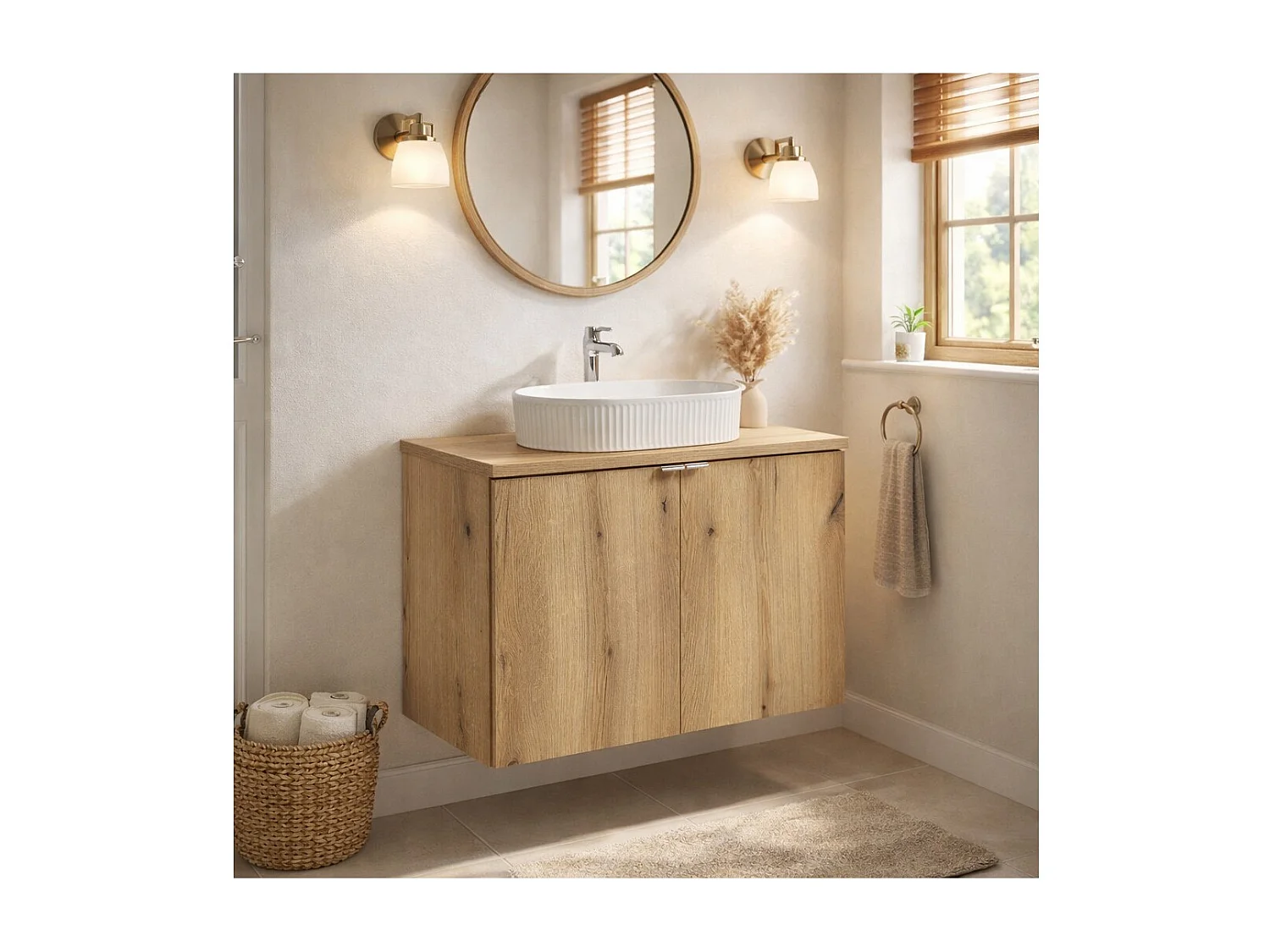 Ensemble VANO aspect chêne 80cm : meubles sous vasque à placards + plan pour vasque + vasque à poser rainurée blanche