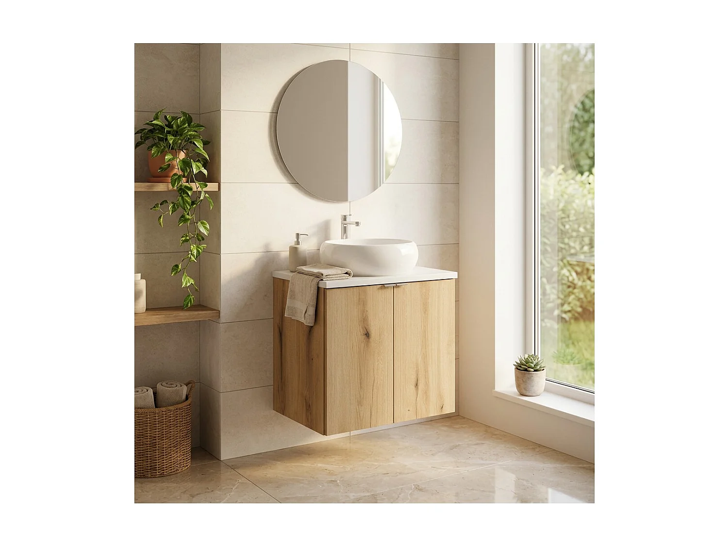 Ensemble de salle de bain suspendu VANO aspect chêne et blanc 60cm : meuble sous vasque à placards + plan pour vasque