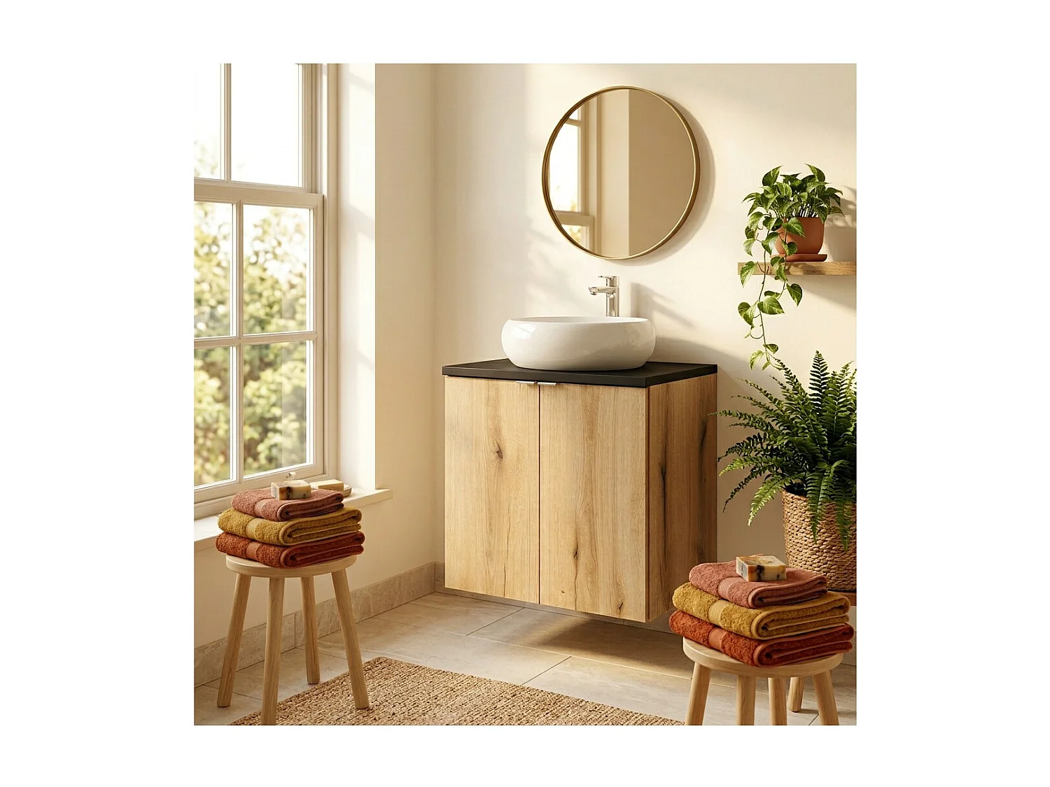 Ensemble de salle de bain suspendu VANO aspect chêne et noir 60cm : meuble sous vasque à placards + plan pour vasque
