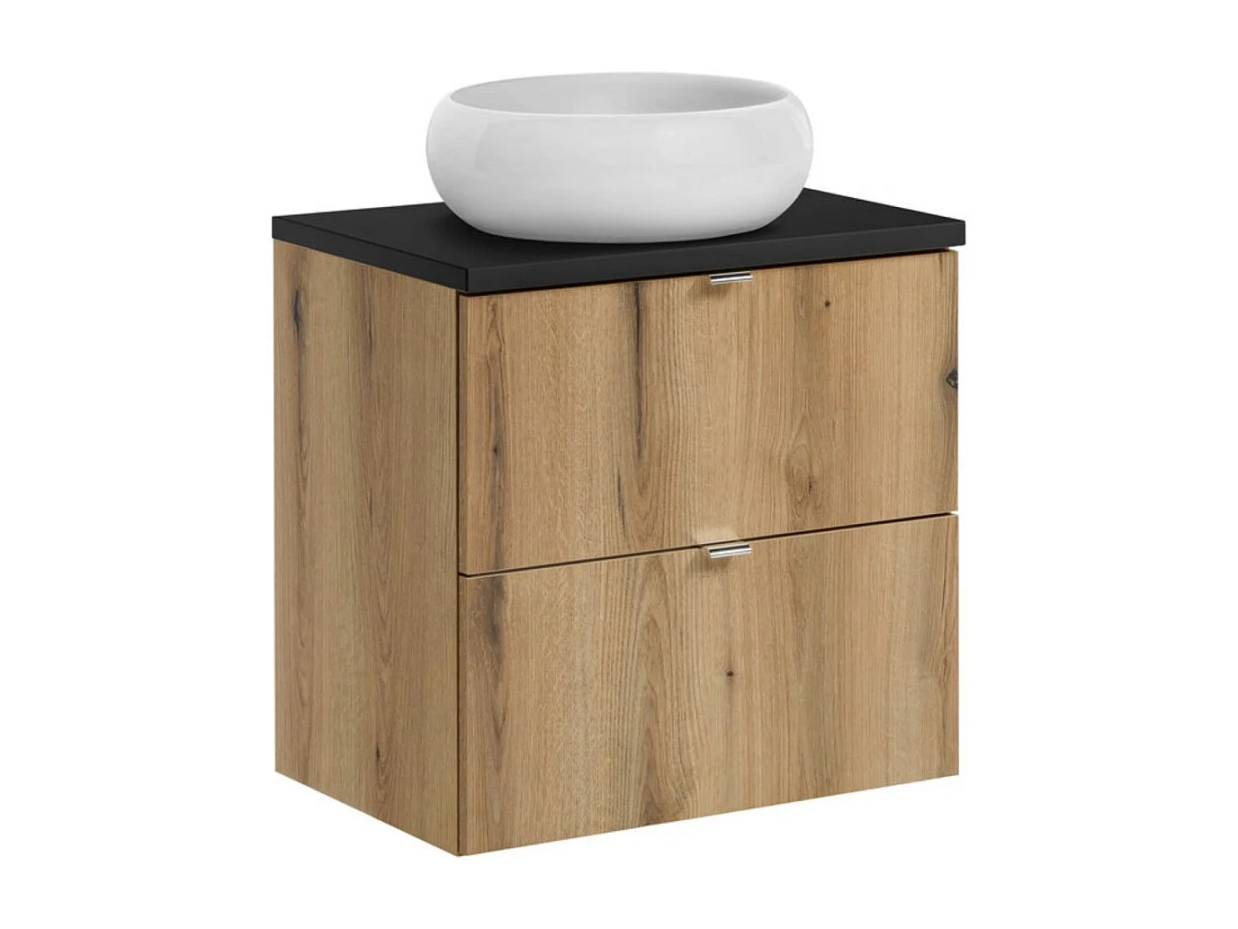 Ensemble VANO aspect chêne et noir 60cm : meuble sous vasque à tiroirs + plan pour vasque + vasque à poser ronde blanche
