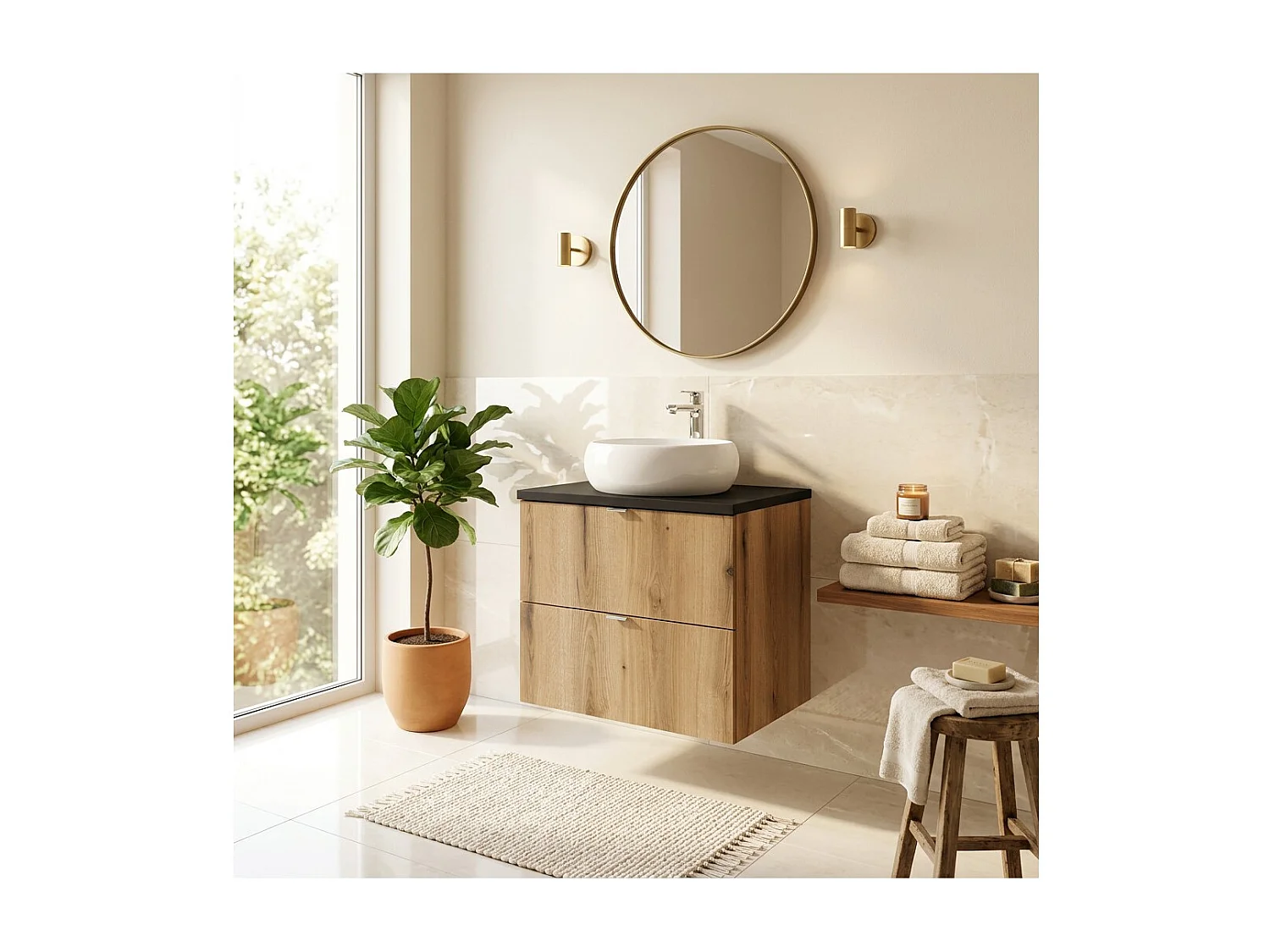 Ensemble VANO aspect chêne et noir 60cm : meuble sous vasque à tiroirs + plan pour vasque + vasque à poser ronde blanche