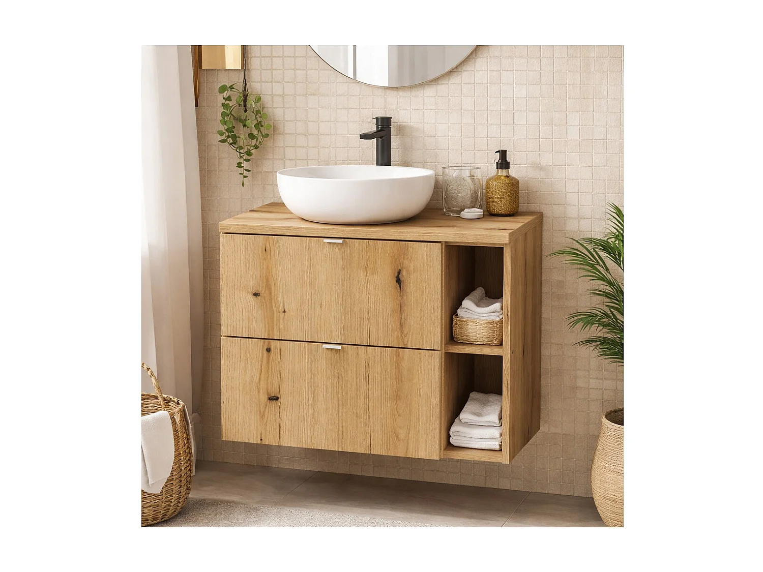 Ensemble de salle de bain suspendu VANO aspect chêne 80cm : meuble sous vasque à tiroirs + niches visibles + plan pour vasque