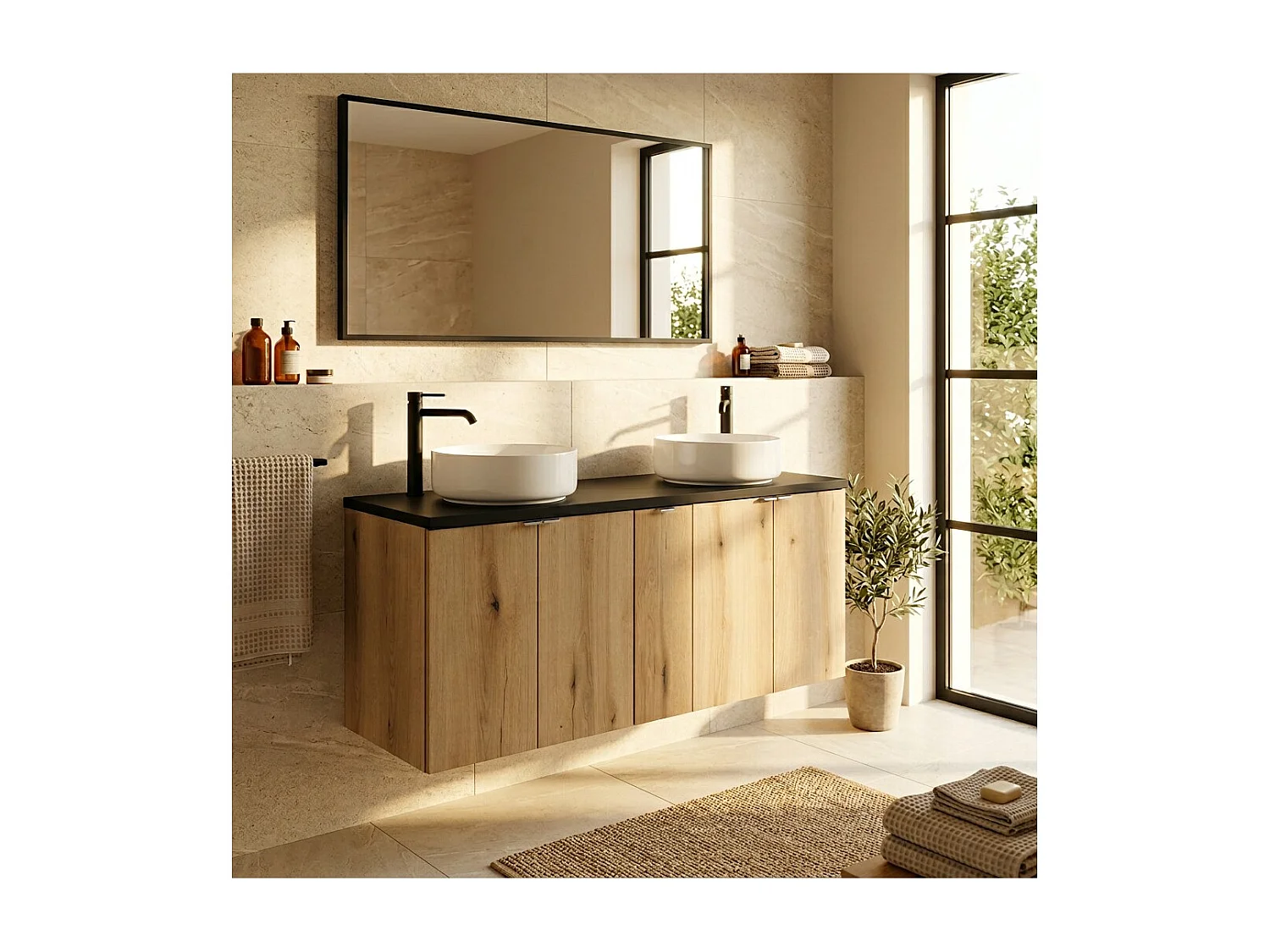 Ensemble de salle de bain suspendu VANO aspect chêne et noir 140cm : meubles sous vasque à placards + plan pour vasque