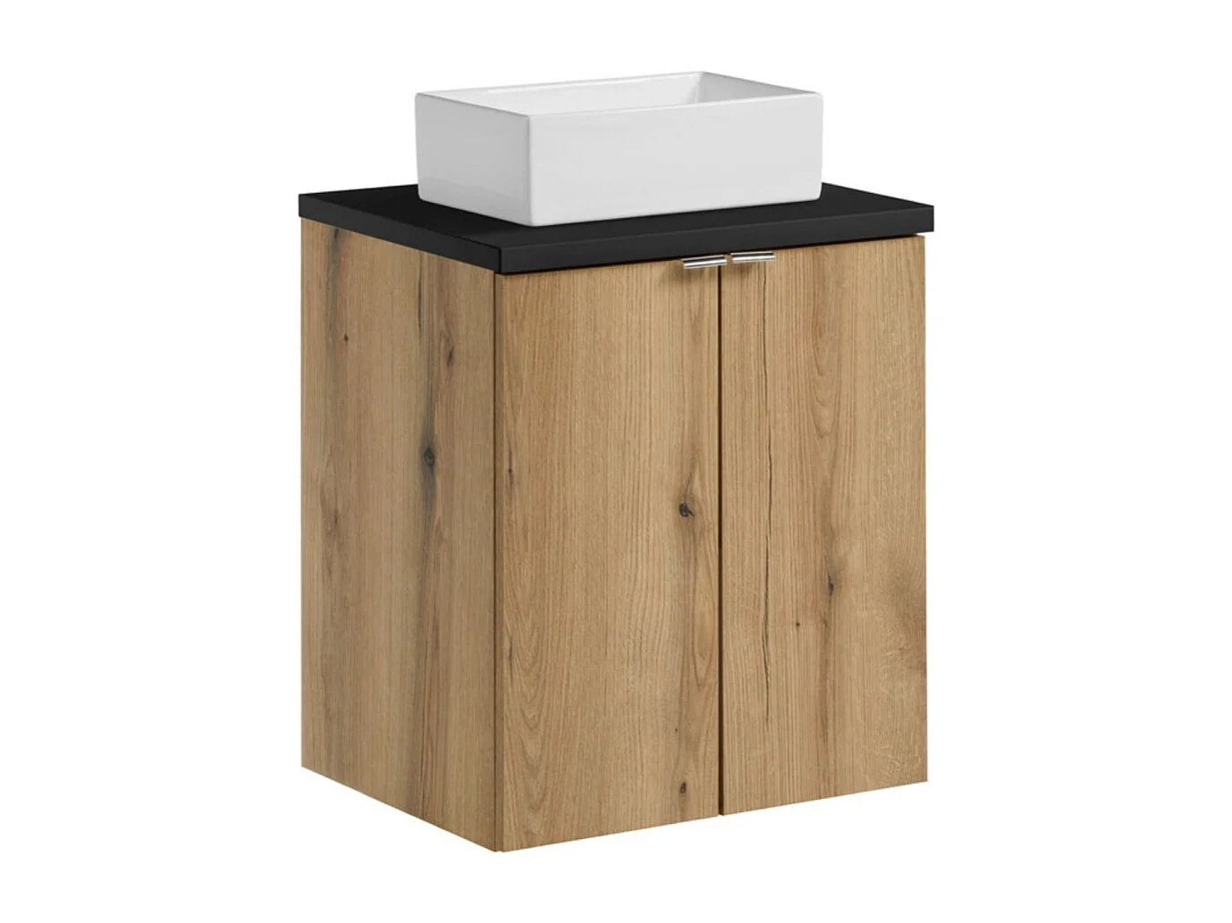 Ensemble VANO aspect chêne et noir 50cm : meubles sous vasque à placards + plan pour vasque + vasques à poser rectangulaire