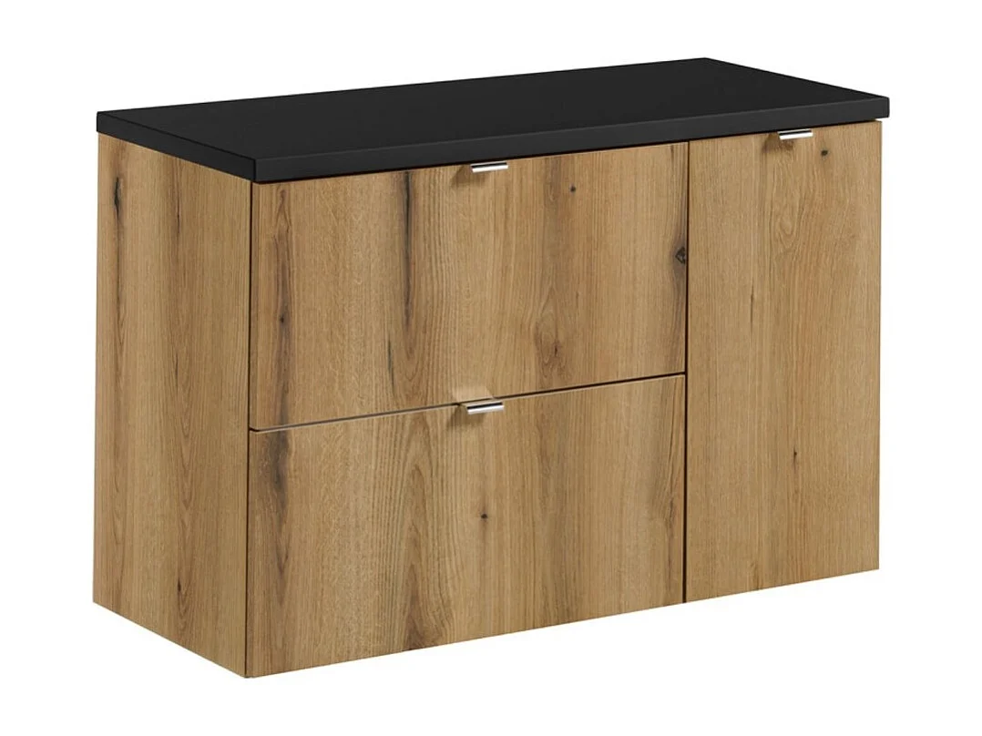 Ensemble de salle de bain suspendu VANO aspect chêne et noir 90cm : meuble sous vasque à tiroirs et placards + plan pour vasque
