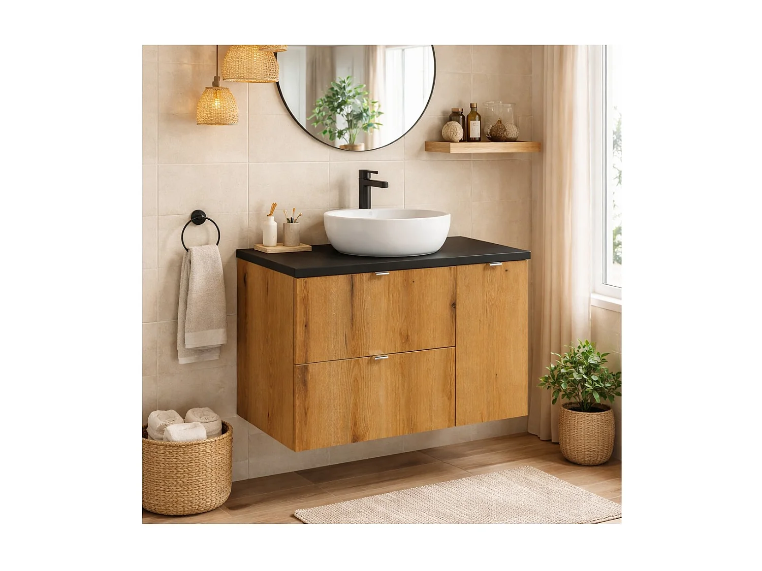 Ensemble de salle de bain suspendu VANO aspect chêne et noir 90cm : meuble sous vasque à tiroirs et placards + plan pour vasque