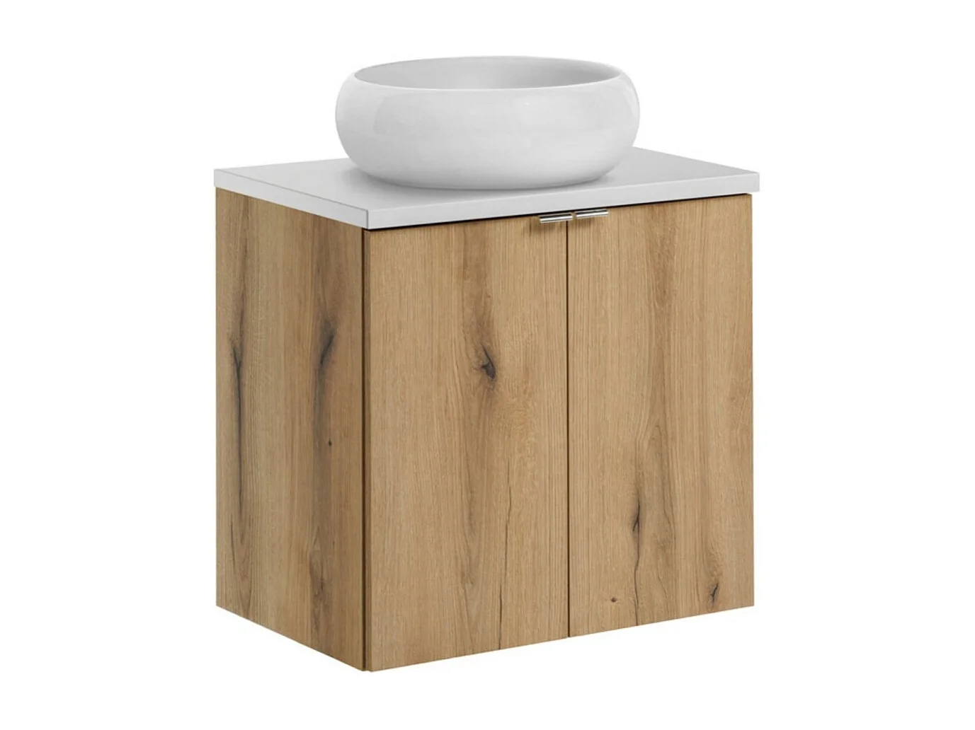 Ensemble VANO aspect chêne et blanc 60cm : meuble sous vasque à placards + plan pour vasque + vasque à poser ronde blanche