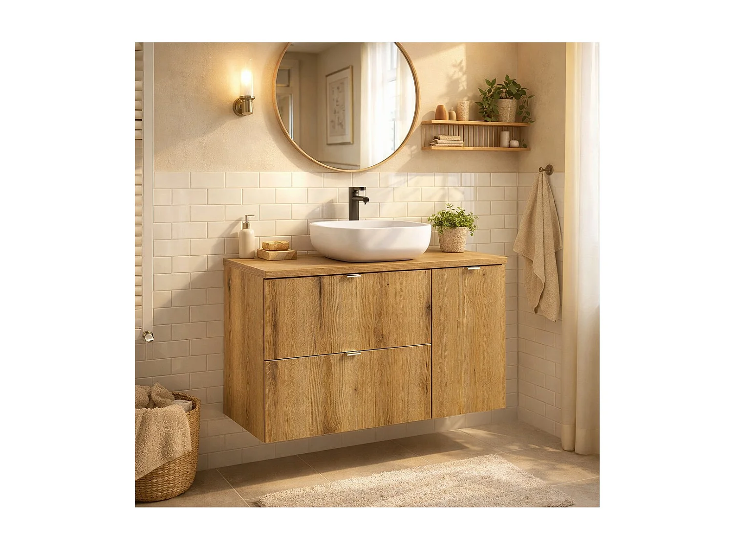 Ensemble de salle de bain suspendu VANO aspect chêne 90cm : meuble sous vasque à tiroirs et placards + plan pour vasque